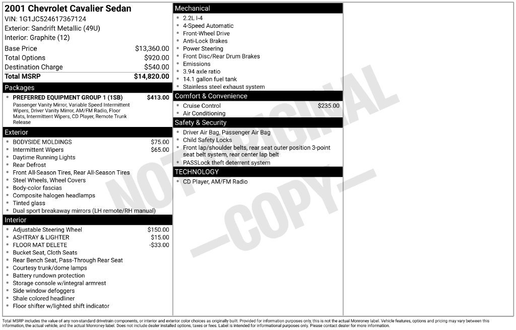 Used 2001 Chevrolet Cavalier Sedan w/ Preferred Equipment Group 1 FWD image 3