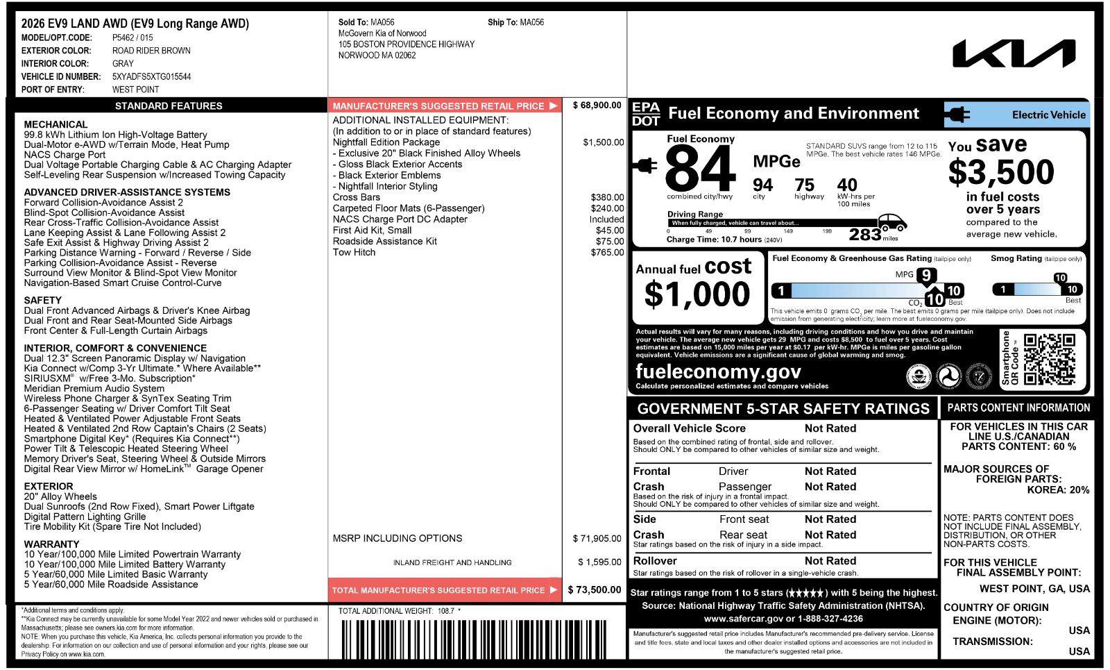 Used 2026 Kia EV9 Land w/ Nightfall Edition Package AWD/4WD image 58