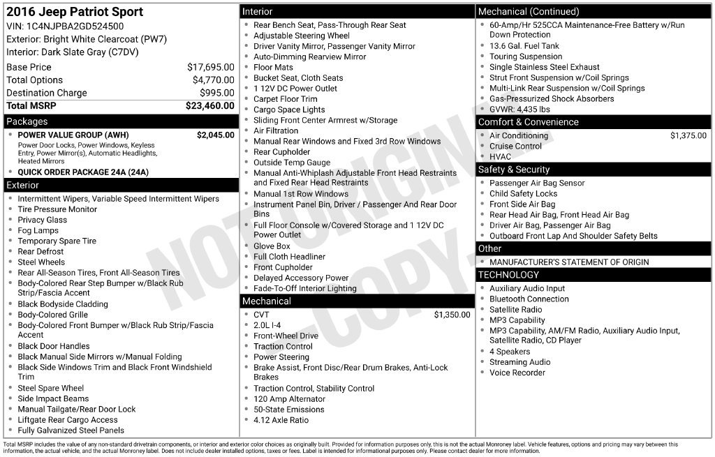 Used 2016 Jeep Patriot Sport w/ Power Value Group FWD image 2