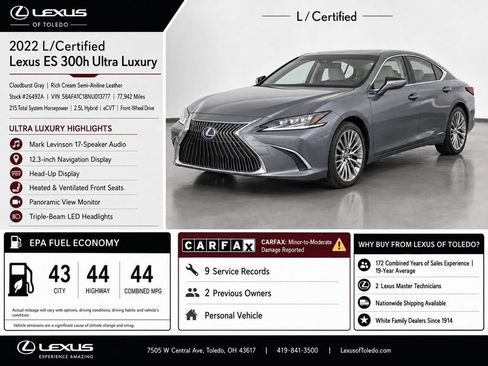 Used 2022 Lexus ES 300h Ultra Luxury w/ Accessory Package 2 FWD image 1