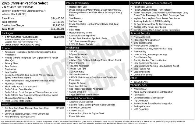 New 2026 Chrysler Pacifica Select w/ S Appearance Package FWD image 31