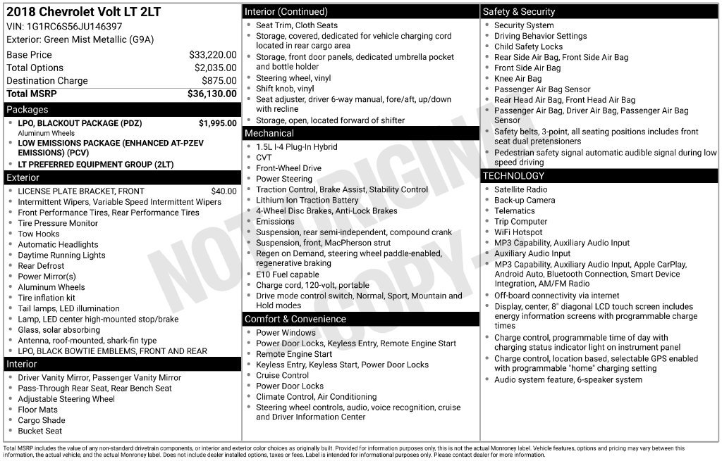 Used 2018 Chevrolet Volt LT w/ LPO, Blackout Package FWD image 6