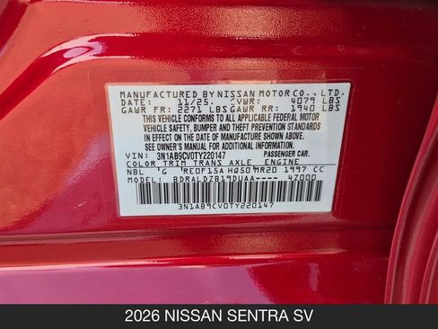 Certified 2026 Nissan Sentra SV w/ Floor Mat Package FWD image 24