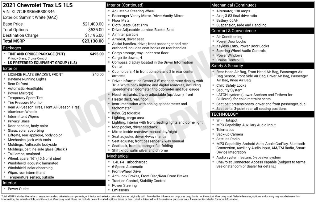 Used 2021 Chevrolet Trax LS w/ Tint and Cruise Package FWD image 3