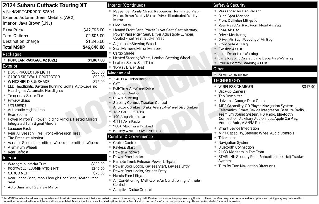 Used 2024 Subaru Outback Touring XT w/ Popular Package #2 AWD/4WD image 2
