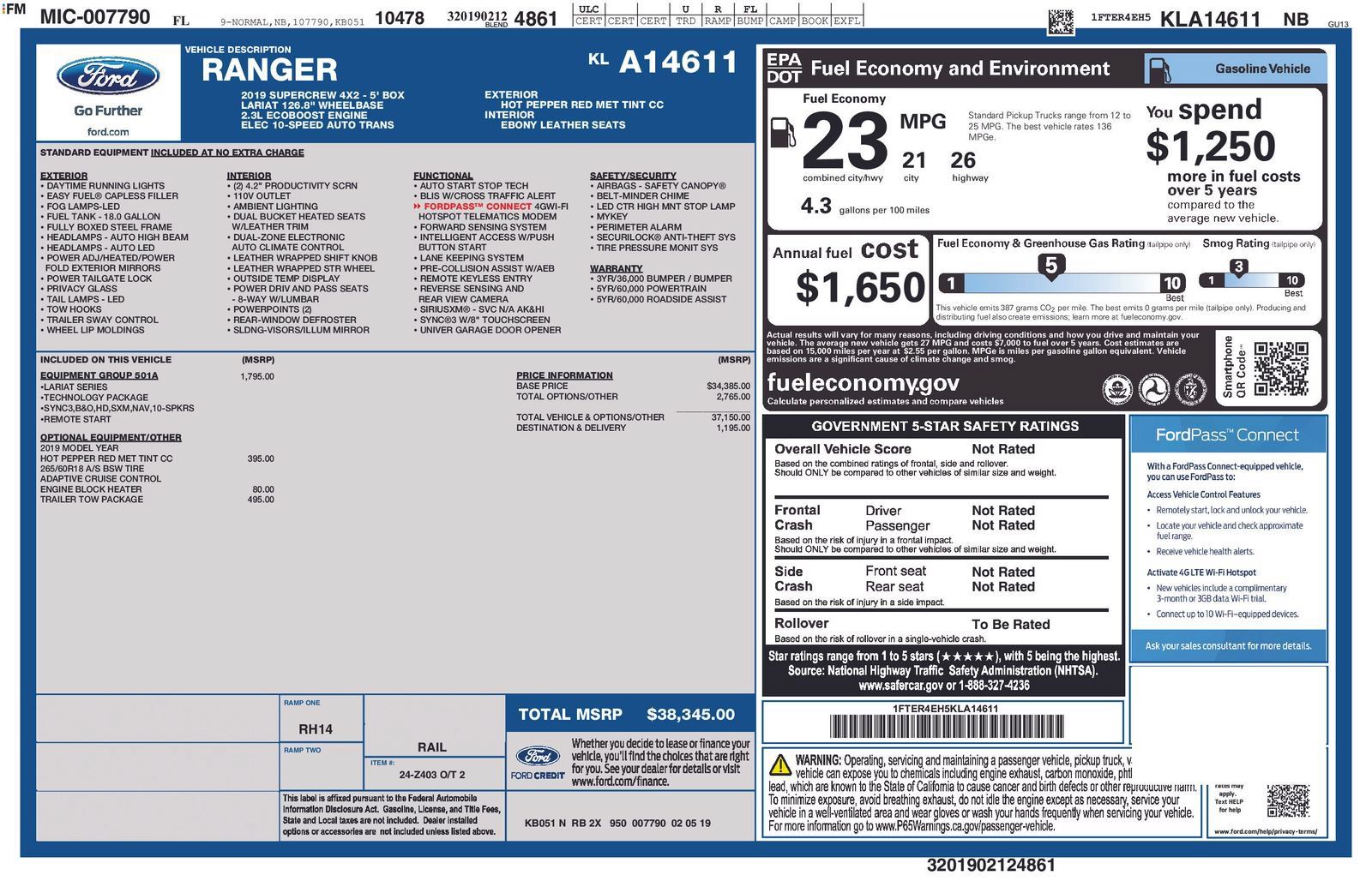 Used 2019 Ford Ranger Lariat w/ Equipment Group 501A Mid RWD image 7