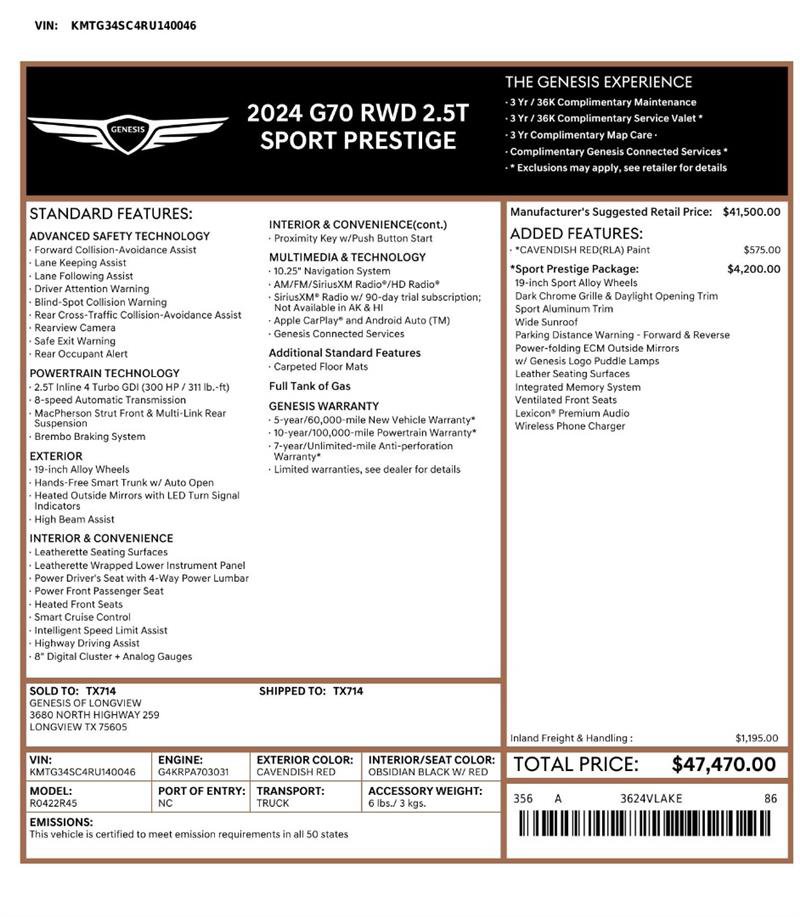 Used 2024 Genesis G70 2.5T w/ Sport Prestige Package RWD image 2
