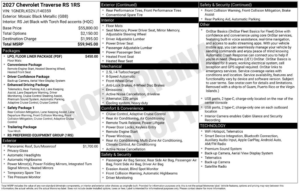 New 2027 Chevrolet Traverse RS w/ LPO, Floor Liner Package FWD image 5