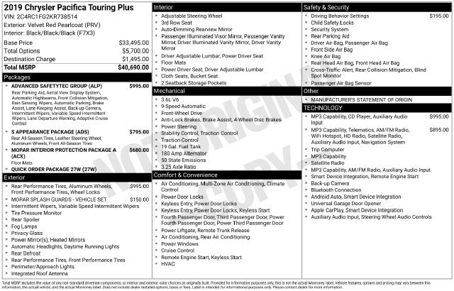 Used 2019 Chrysler Pacifica Touring Plus w/ Advanced Safetytec Group FWD image 28