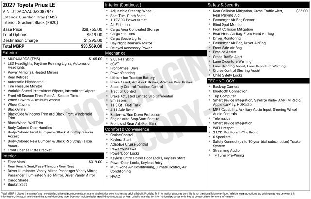 New 2027 Toyota Prius LE FWD image 1