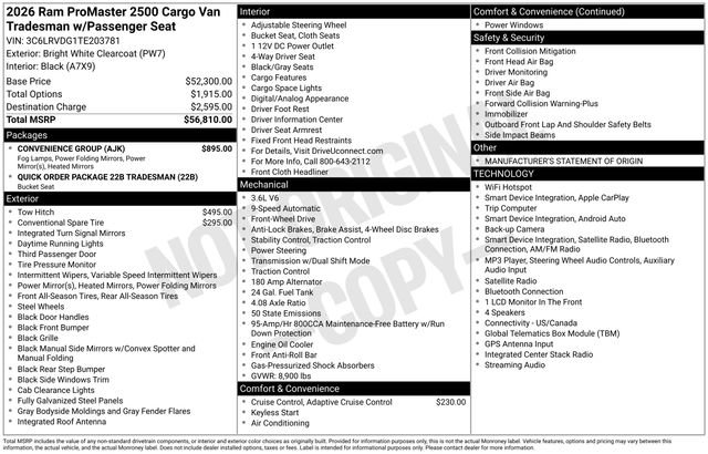 New 2026 RAM ProMaster 2500 w/ Convenience Group FWD image 30