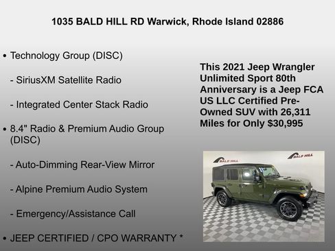 Certified 2021 Jeep Wrangler Unlimited Sport S image 31
