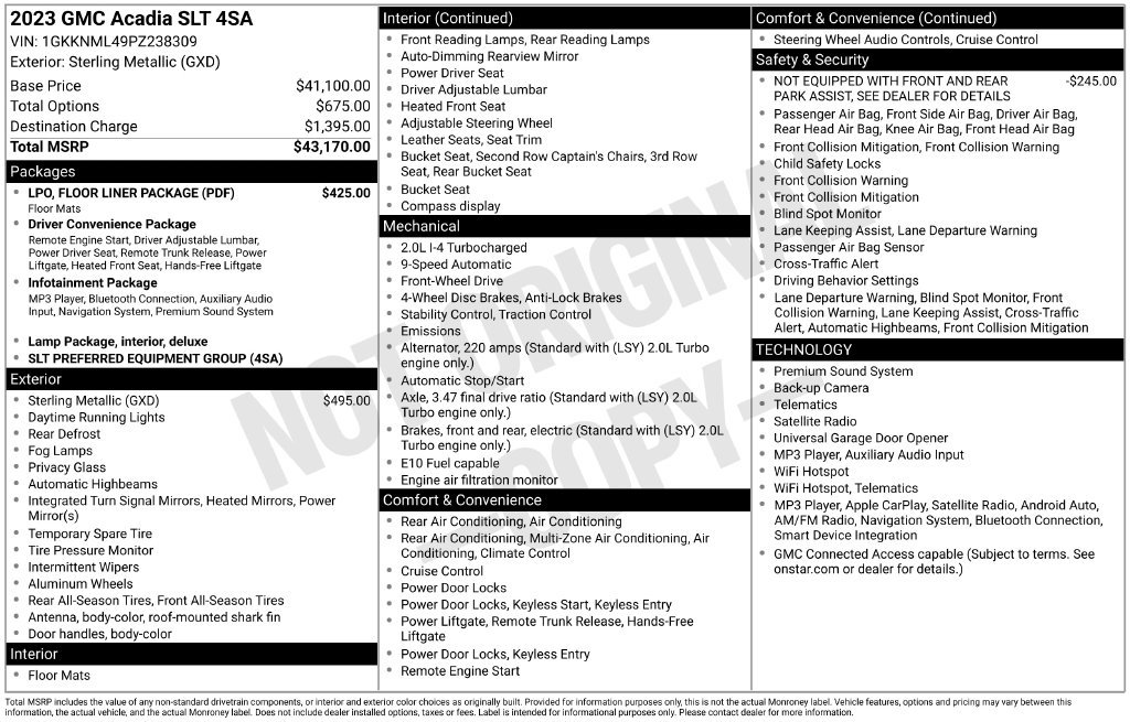 Certified 2023 GMC Acadia SLT w/ LPO, Floor Liner Package FWD image 9