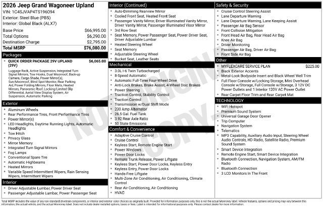 New 2026 Jeep Grand Wagoneer 4WD w/ Quick Order Packge 29V Upland image 32
