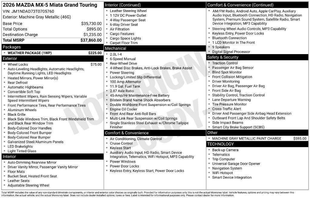 New 2026 MAZDA MX-5 Miata Grand Touring w/ Weather Package RWD image 4