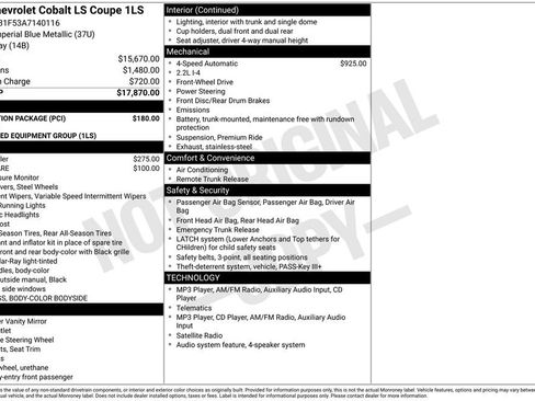 Used 2010 Chevrolet Cobalt LS w/ Protection Package FWD image 2