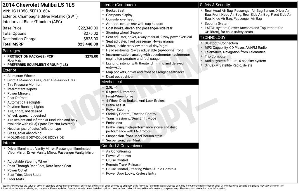 Used 2014 Chevrolet Malibu LS w/ Protection Package FWD image 3