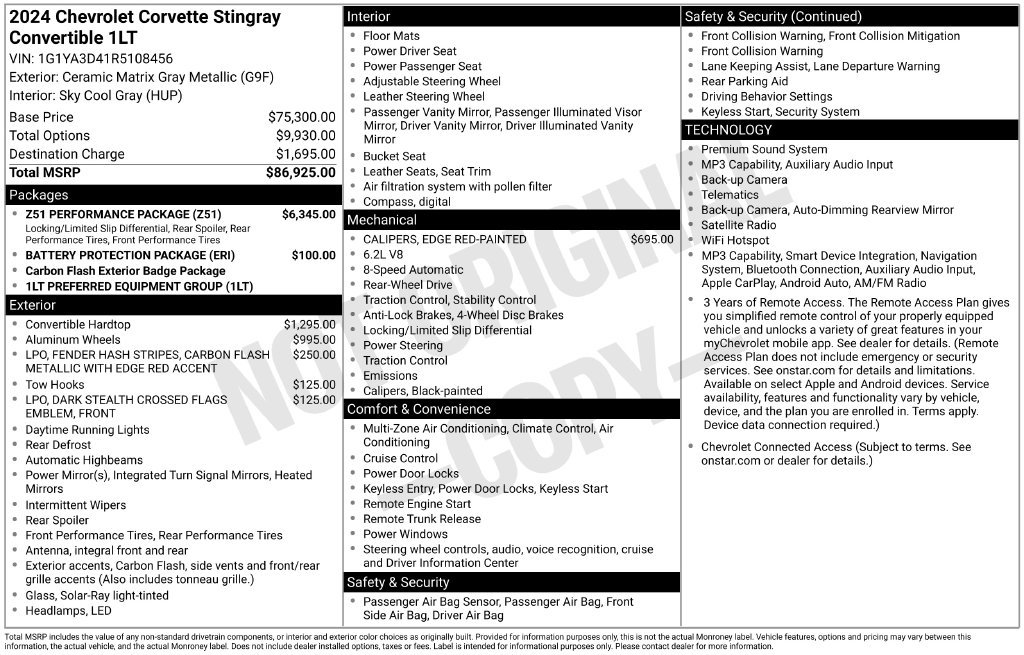 Used 2024 Chevrolet Corvette Stingray Convertible w/ Z51 Performance Package RWD image 52