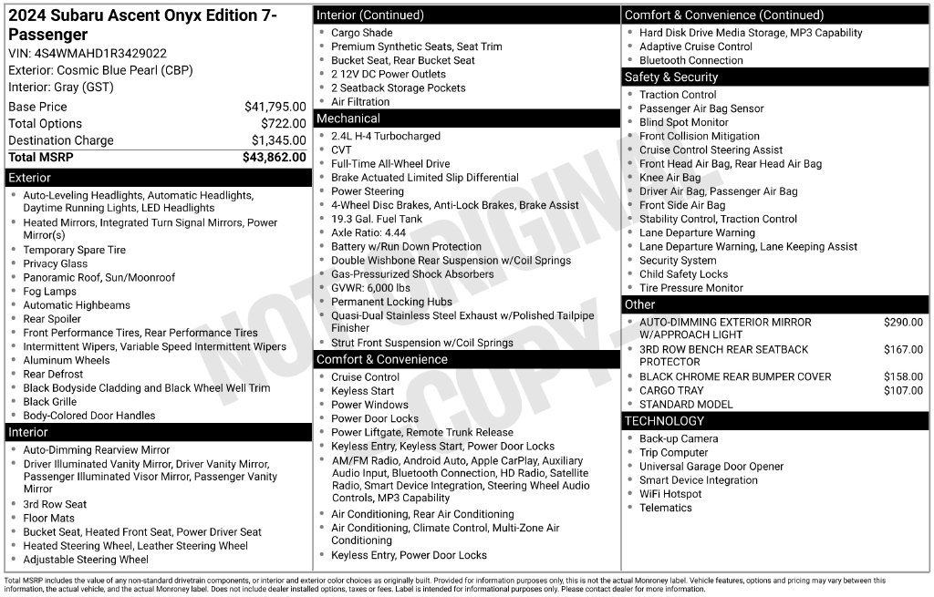 Certified 2024 Subaru Ascent Onyx Edition AWD/4WD image 11