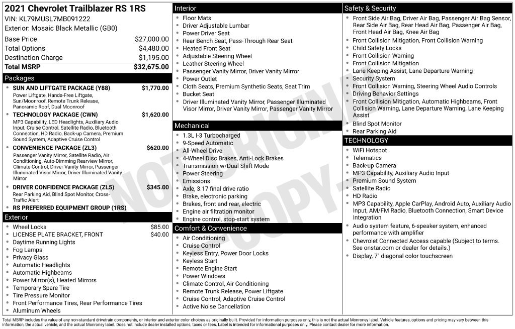 Certified 2021 Chevrolet TrailBlazer RS w/ Sun and Liftgate Package AWD/4WD image 2