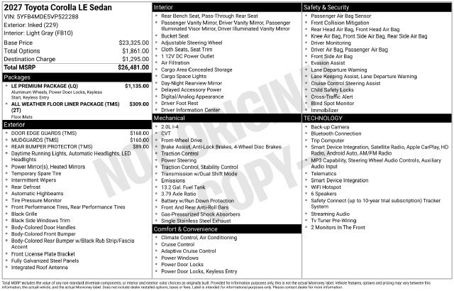 New 2027 Toyota Corolla LE w/ LE Premium Package FWD image 32
