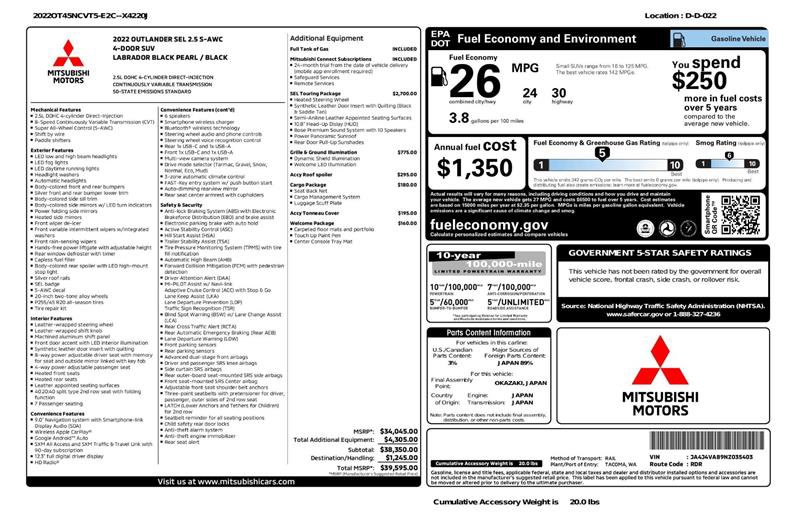 Used 2022 Mitsubishi Outlander SEL AWD/4WD image 2