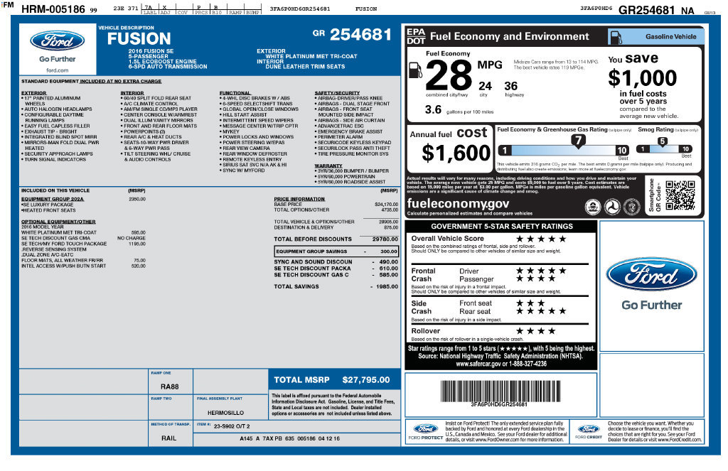 Used 2016 Ford Fusion SE w/ Equipment Group 202A FWD image 5