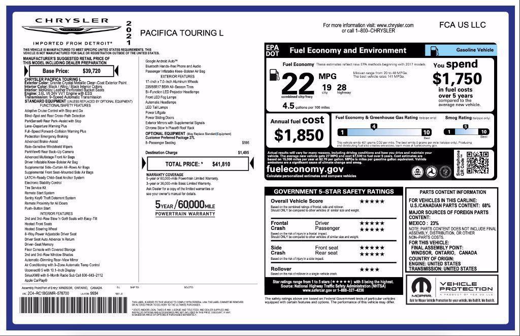 Certified 2021 Chrysler Pacifica Touring-L FWD image 7