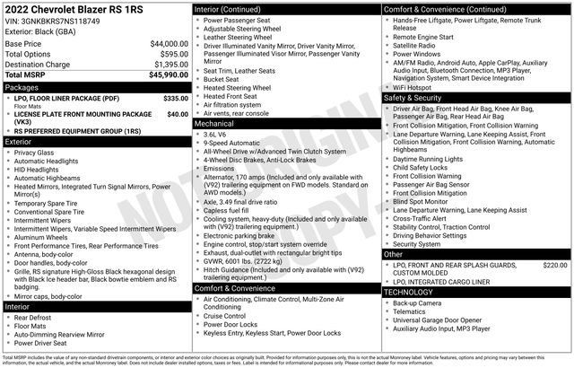 Used 2022 Chevrolet Blazer RS w/ LPO, Floor Liner Package AWD/4WD image 5