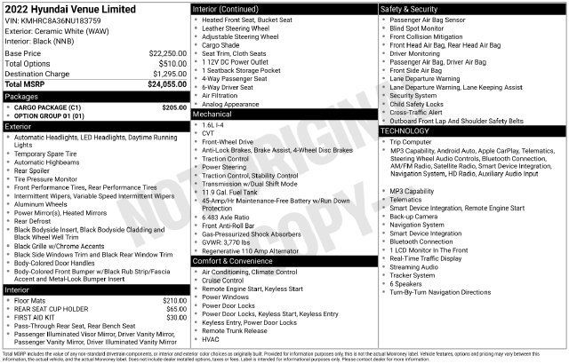 Used 2022 Hyundai Venue Limited w/ Cargo Package FWD image 7