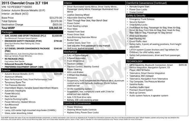 Used 2015 Chevrolet Cruze LT w/ Sun, Sound and Sport Package FWD image 2