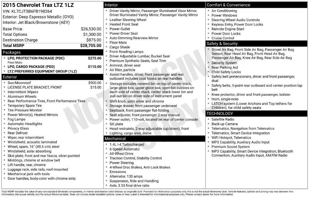 Used 2015 Chevrolet Trax LTZ w/ LPO, Protection Package AWD/4WD image 3