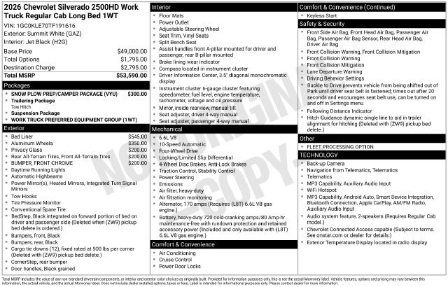 Used 2026 Chevrolet Silverado 2500 W/T w/ Snow Plow Prep/Camper Package AWD/4WD image 2