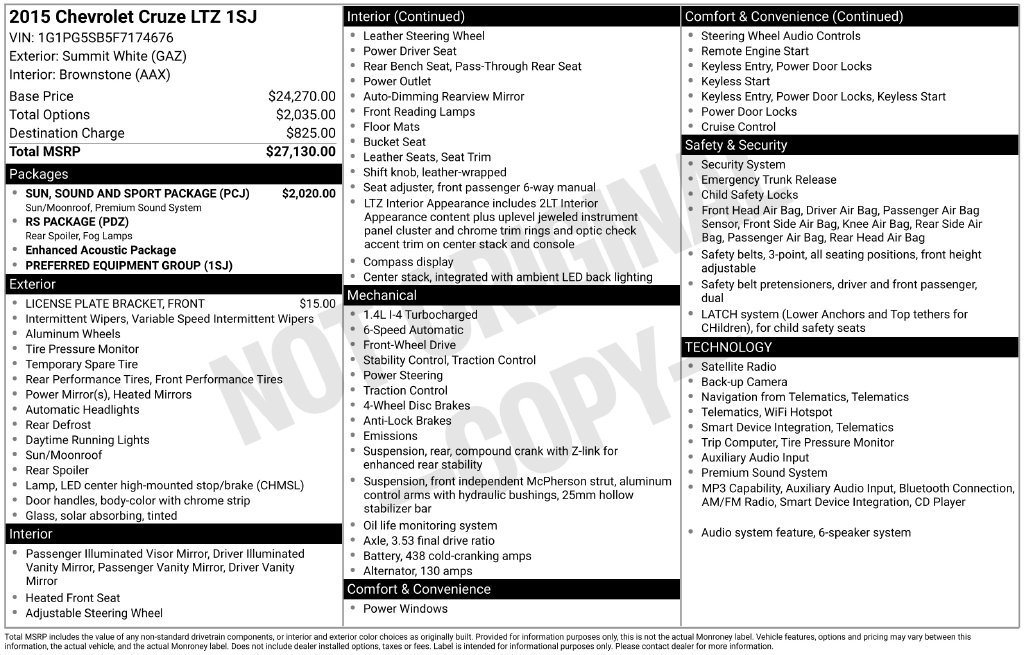 Used 2015 Chevrolet Cruze LTZ w/ Sun, Sound and Sport Package FWD image 5