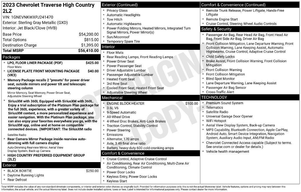 Used 2023 Chevrolet Traverse High Country w/ LPO, Floor Liner Package AWD/4WD image 2