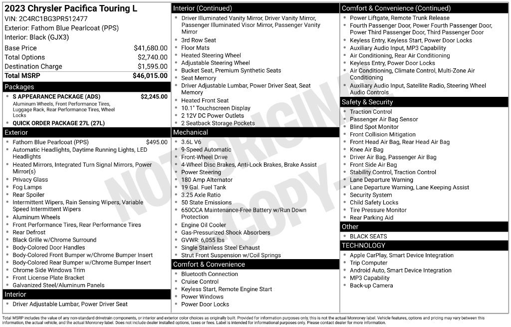 Used 2023 Chrysler Pacifica Touring-L w/ S Appearance Package FWD image 18