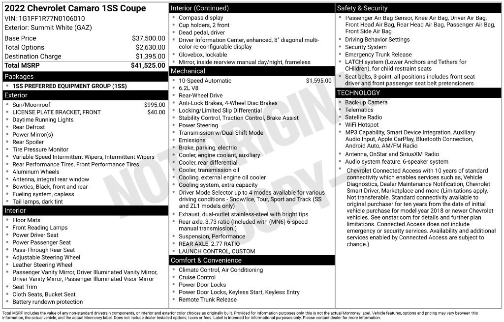 Used 2022 Chevrolet Camaro SS RWD image 7