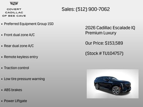 New 2026 Cadillac Escalade IQ Luxury 2 w/ LPO, Floor Liner Package image 6