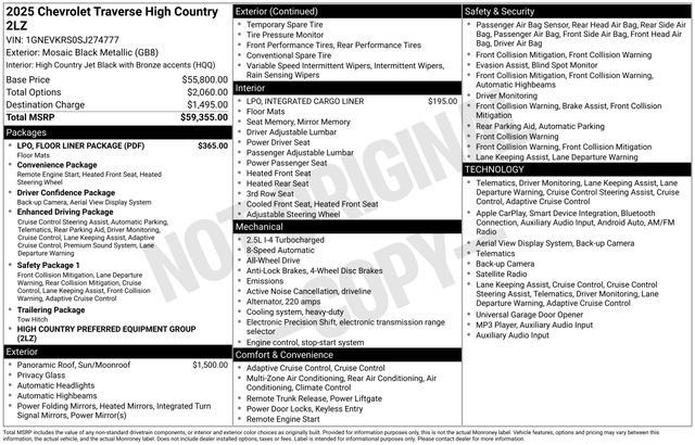 Used 2025 Chevrolet Traverse High Country w/ LPO, Floor Liner Package AWD/4WD image 5
