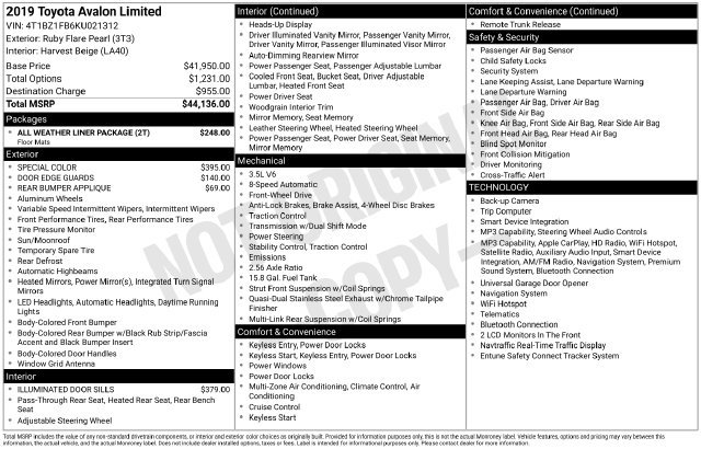 Certified 2019 Toyota Avalon Limited w/ All Weather Liner Package FWD image 33