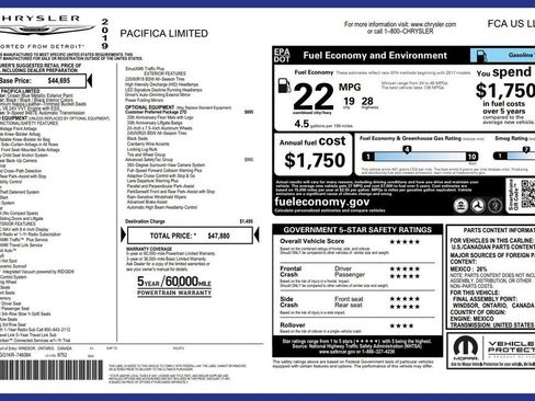 Used 2019 Chrysler Pacifica Limited w/ Advanced Safetytec Group image 3