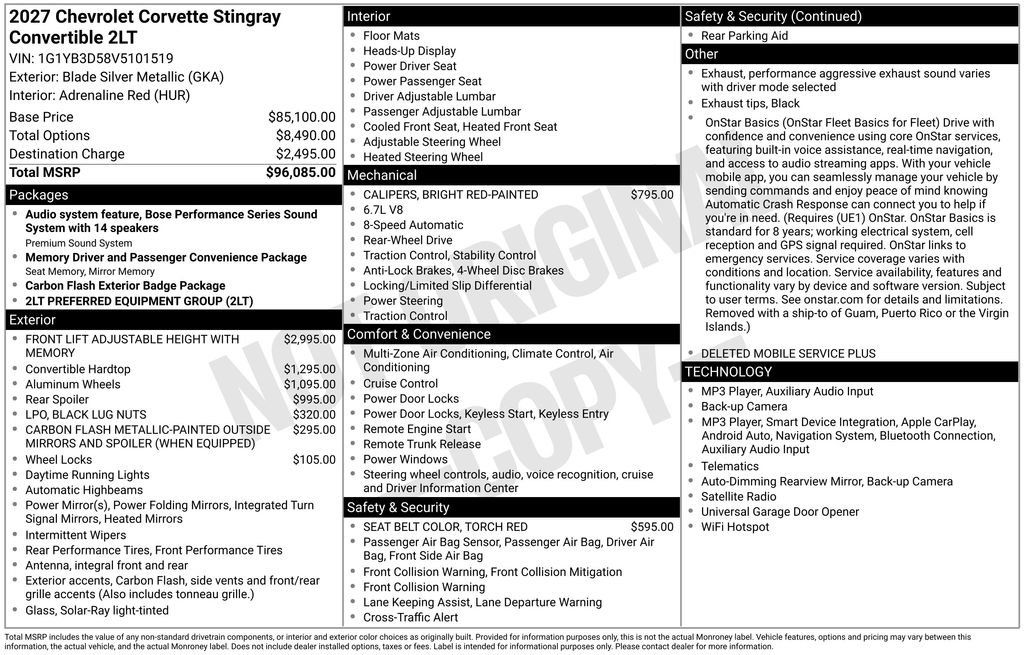 New 2027 Chevrolet Corvette Stingray Convertible w/ 2LT RWD image 35