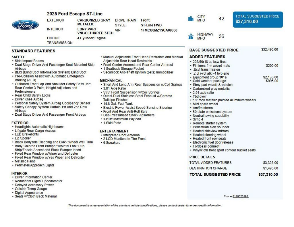 Used 2025 Ford Escape ST-Line w/ Equipment Group 301A FWD image 42