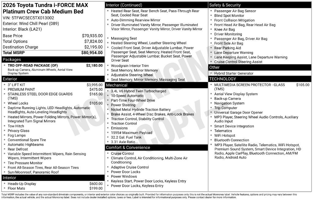 New 2026 Toyota Tundra Platinum w/ TRD Off-Road Package AWD/4WD image 38