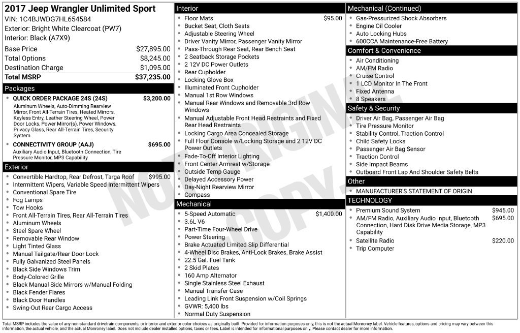 Used 2017 Jeep Wrangler Unlimited Sport w/ Quick Order Package 24S AWD/4WD image 4