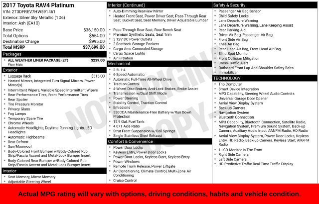 Used 2017 Toyota RAV4 Platinum w/ All Weather Liner Package AWD/4WD image 9