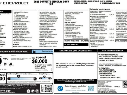 New 2026 Chevrolet Corvette Stingray Premium Conv w/ Z51 Performance Package image 2