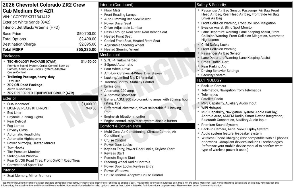 New 2026 Chevrolet Colorado ZR2 w/ Technology Package AWD/4WD image 3