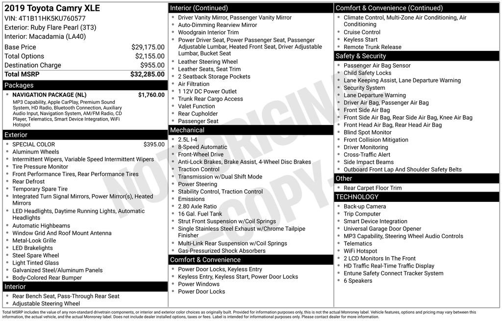 Used 2019 Toyota Camry XLE w/ Navigation Package FWD image 2