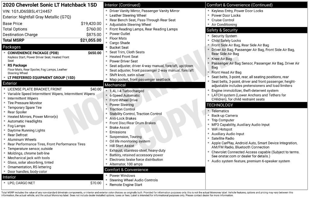 Used 2020 Chevrolet Sonic LT w/ Convenience Package FWD image 2